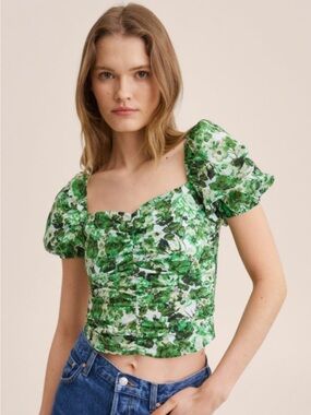 Mango Green Sustainable Cotton Cottagecore Floral Cesped Blouse Top NWT Size M